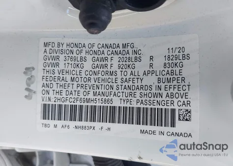 2021 Honda Civic Lx from USA, damaged, VIN 2HGFC2F69MH515865